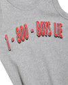 Gray ribbed tank top featuring bold red lettering that reads "1-800 BOYS LIE," perfect for casual Long Island boutique fashion.