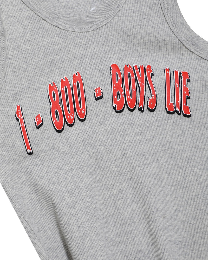 Gray ribbed tank top featuring bold red lettering that reads "1-800 BOYS LIE," perfect for casual Long Island boutique fashion.