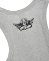Light gray ribbed tank top featuring a bold black angel graphic on the back, perfect for trendy summer looks at a Long Island boutique fashion.