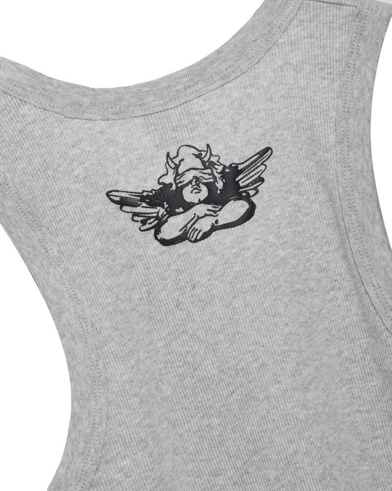 Light gray ribbed tank top featuring a bold black angel graphic on the back, perfect for trendy summer looks at a Long Island boutique fashion.