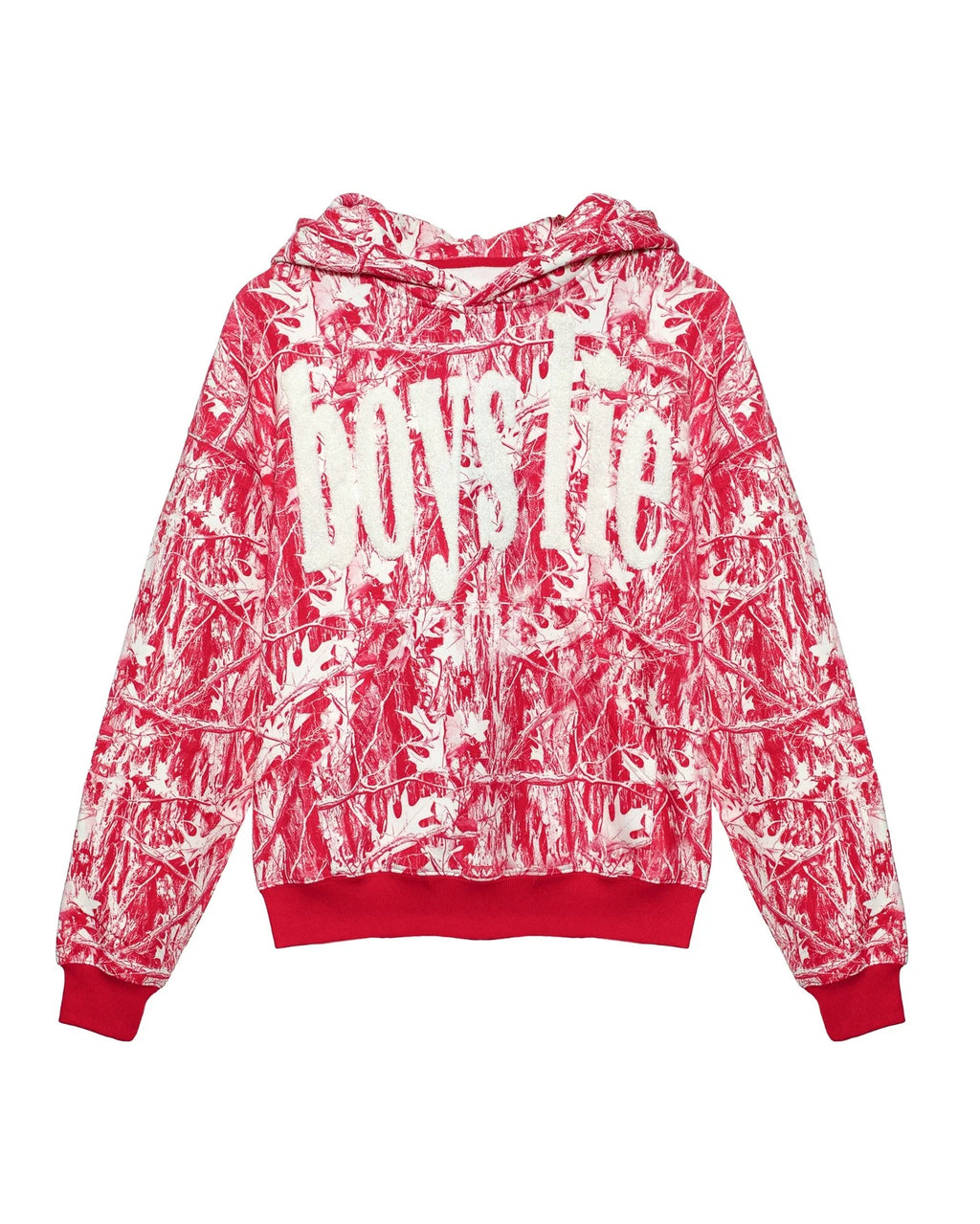 Vibrant red camo hoodie featuring a bold white "boys lie" logo, perfect for trendy streetwear in Long Island boutique fashion.
