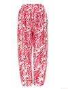 Red camo pants with an elastic waistband and loose fit, perfect for a trendy look in Long Island boutique fashion.