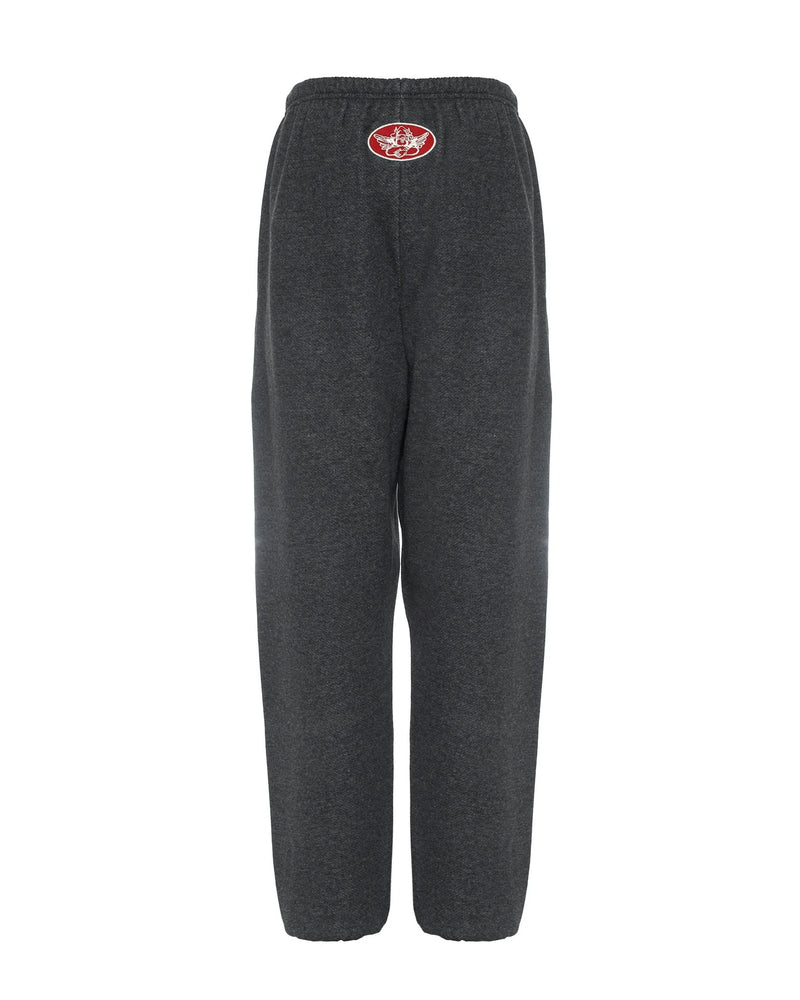 Comfortable gray sweatpants featuring a relaxed fit and embroidered logo, perfect for casual wear in Long Island boutique fashion.