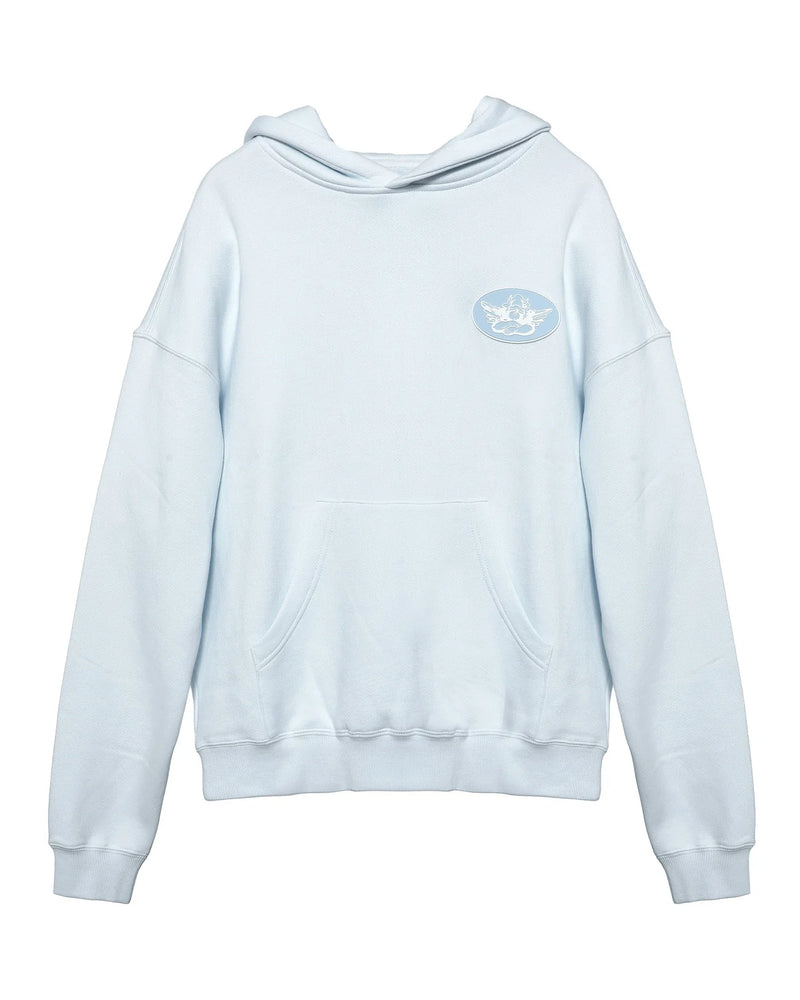 Light blue Georgia Rules racer hoodie featuring a relaxed fit and front pocket, perfect for casual wear at this Long Island boutique fashion.