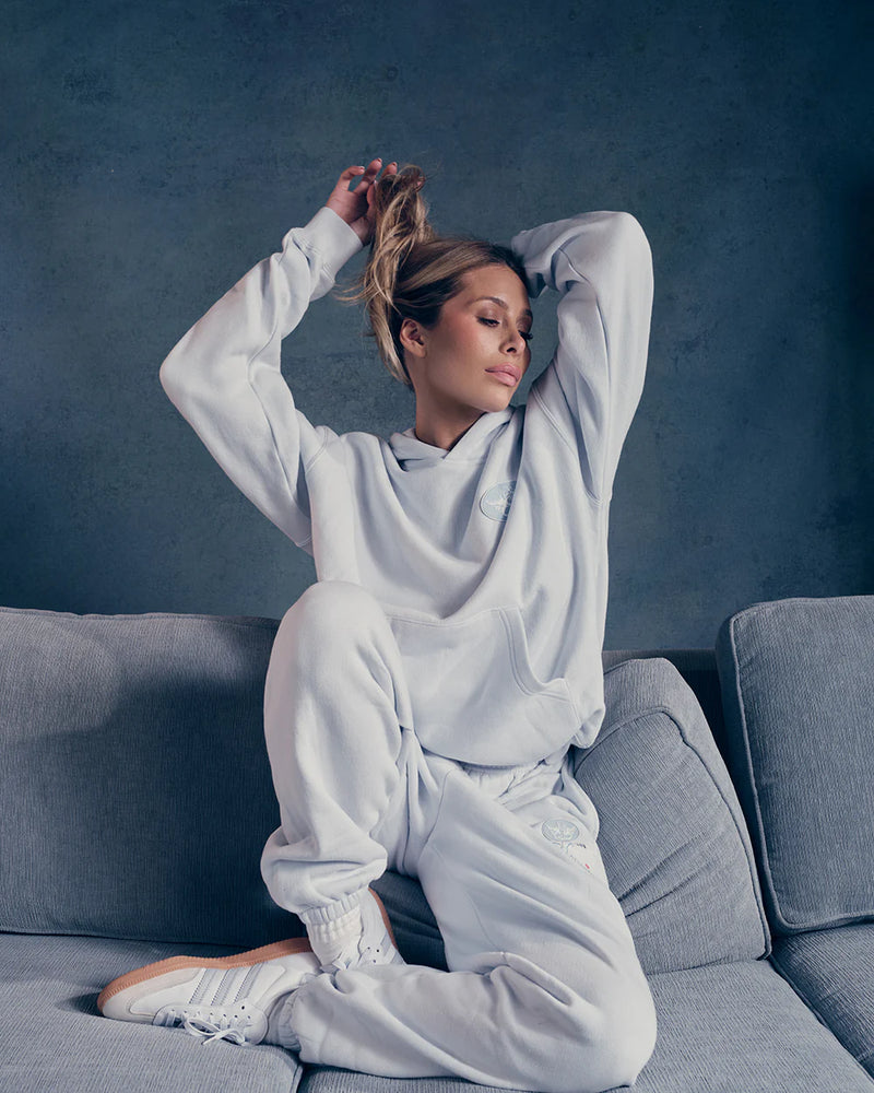 Cozy light gray Kimmy pants with a relaxed fit, perfect for casual wear in a Long Island boutique fashion style.