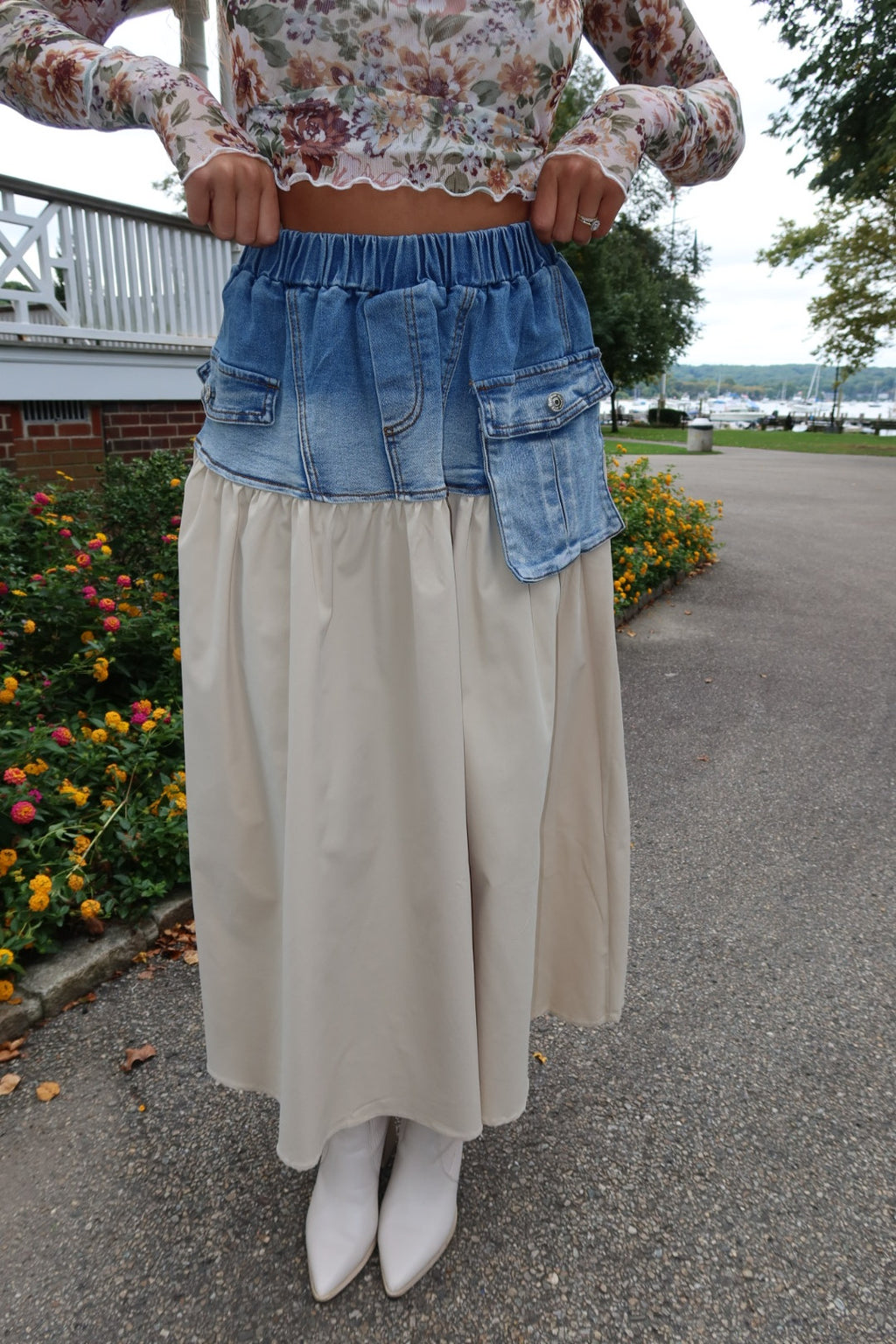 Two Tone Denim Cargo Pocket Maxi Skirt