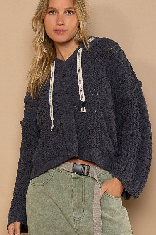 V-Neck Hooded Cable Knit Chenille Sweater