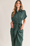 Button Down Satin Dress With Front Tie