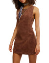 Brown suede mini dress with a fitted silhouette and flattering sleeveless design, perfect for Long Island boutique fashion.