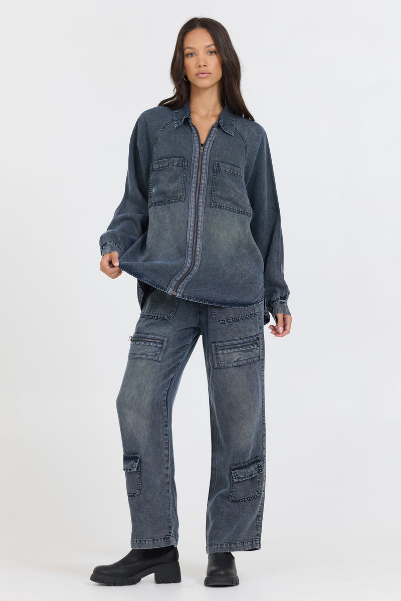 Vintage Havana Denim Collar Zip up Top