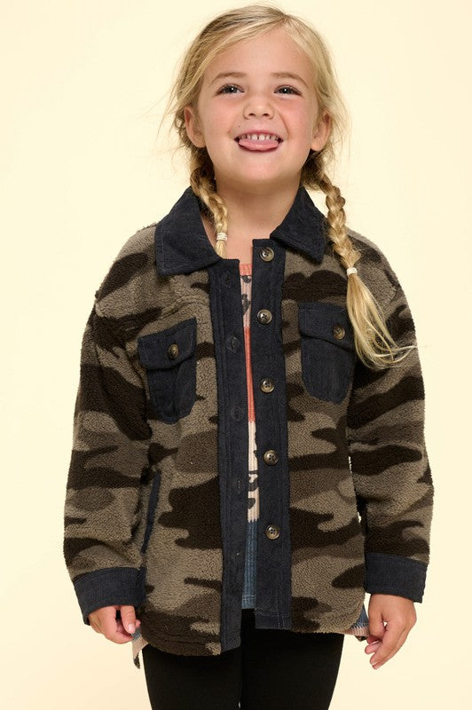 Camouflage Printed Faux Button Down Jacket- Girls