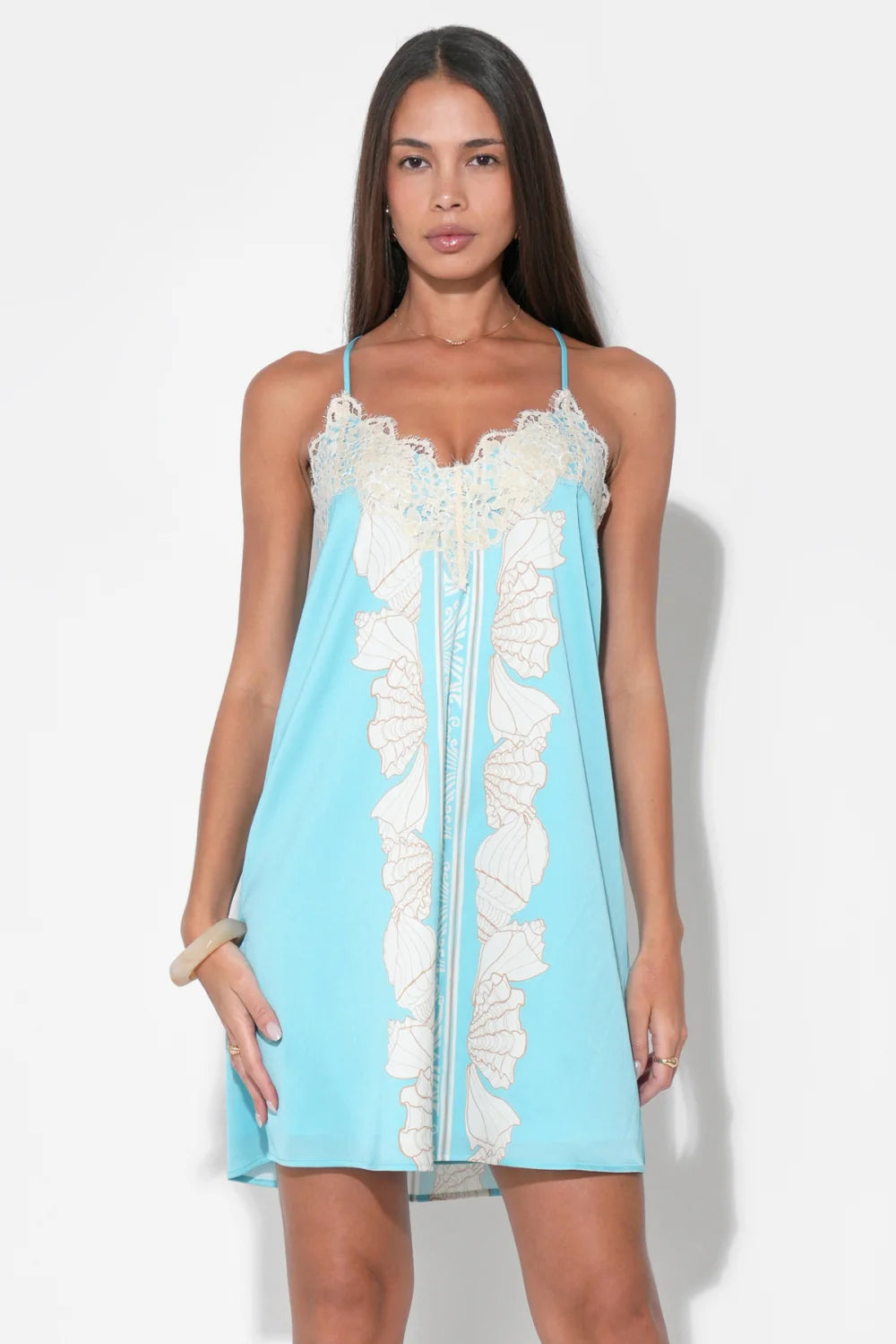 Adelyn Rae Celeste Lace Trim Printed Seashell Mini Dress Seafoam/Ivory / XSmall