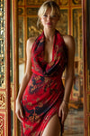 Flowing cowl neck maxi dress in vibrant red with elegant floral patterns, perfect for chic Long Island boutique fashion outings.