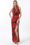 Elegant red cowl neck maxi dress featuring a floral pattern and thigh-high slit, perfect for Long Island boutique fashion.