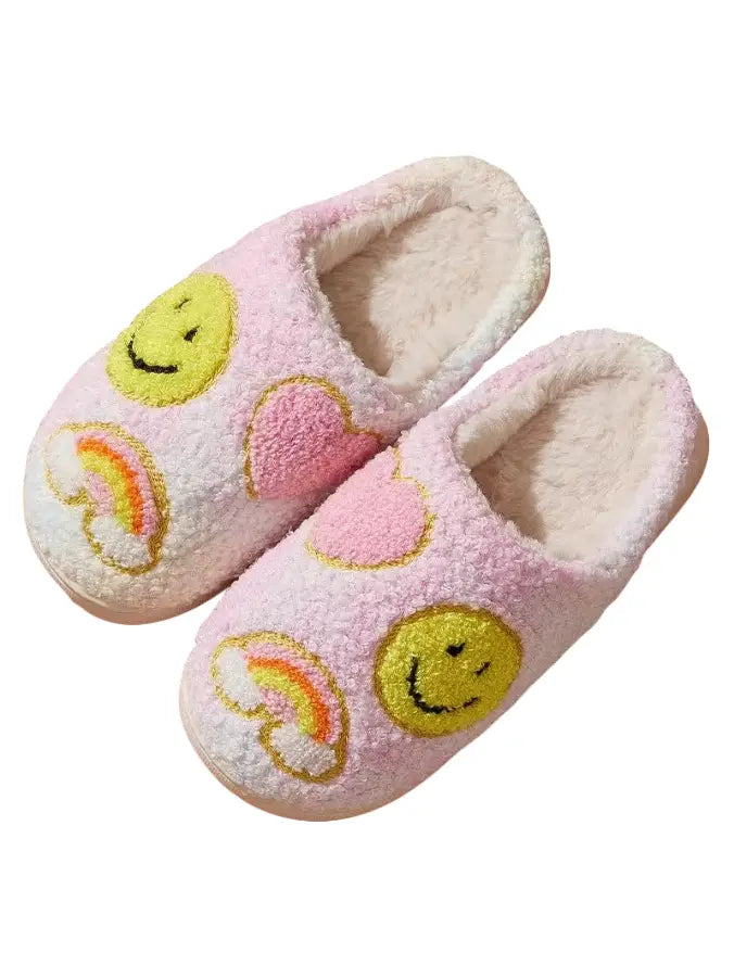 Pastel Rainbow Smiley Fuzzy Slippers- Girls