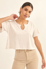 Distressed Slub Split-Neck Cropped Tee