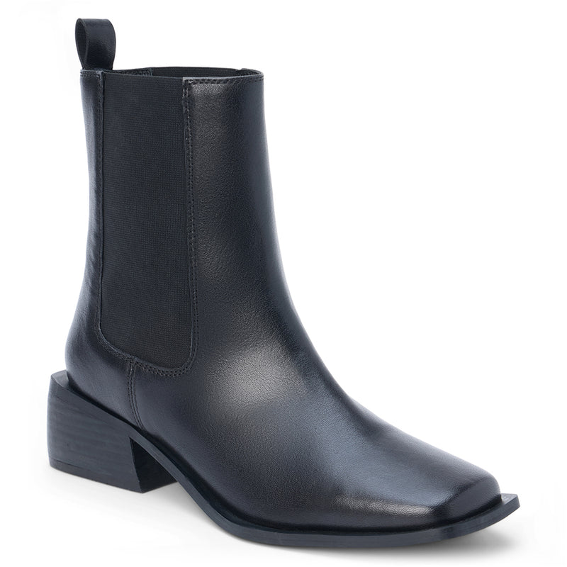 Chic black ankle boot with a sleek design, elastic side panels, and a stylish block heel, perfect for Long Island boutique fashion.