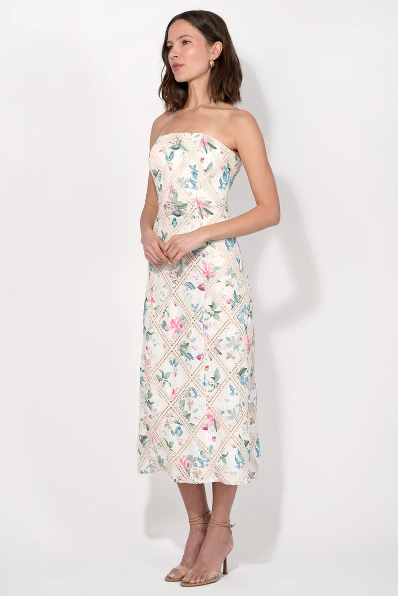 adelyn rae Manon Crochet Printed Strapless Midi Dress