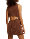 Brown suede mini dress with a relaxed fit, open back, and gathered waist, perfect for showcasing Long Island boutique fashion.