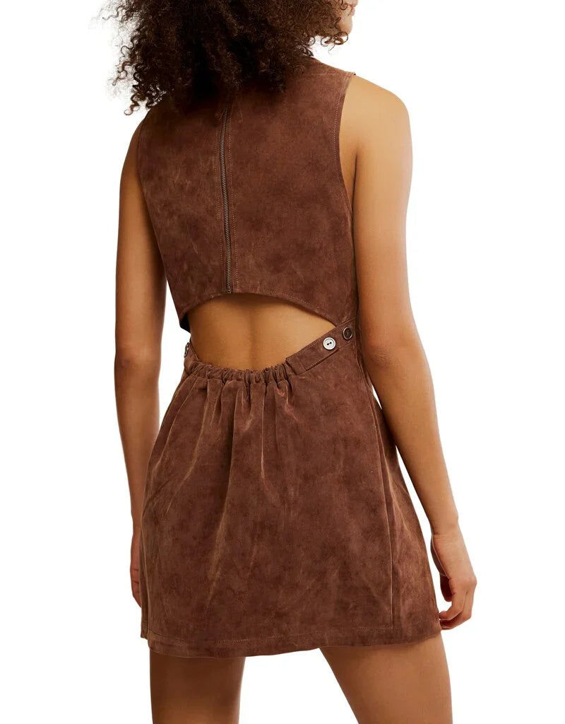 Brown suede mini dress with a relaxed fit, open back, and gathered waist, perfect for showcasing Long Island boutique fashion.