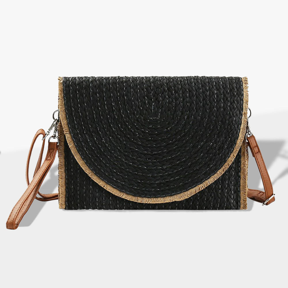 Frayed Trip Two Tone Straw Clutch Crossbody Bag