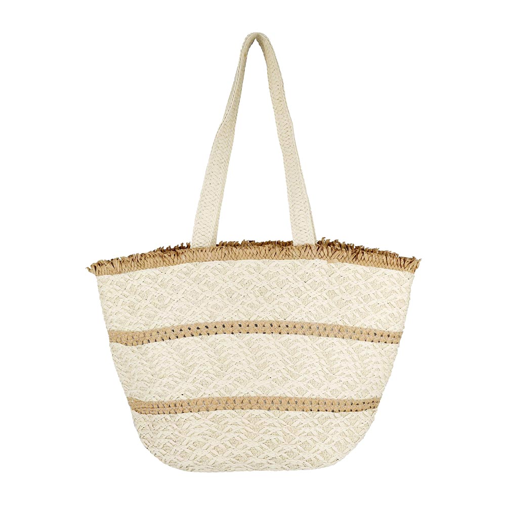 Striped Detail Frayed Straw Bag