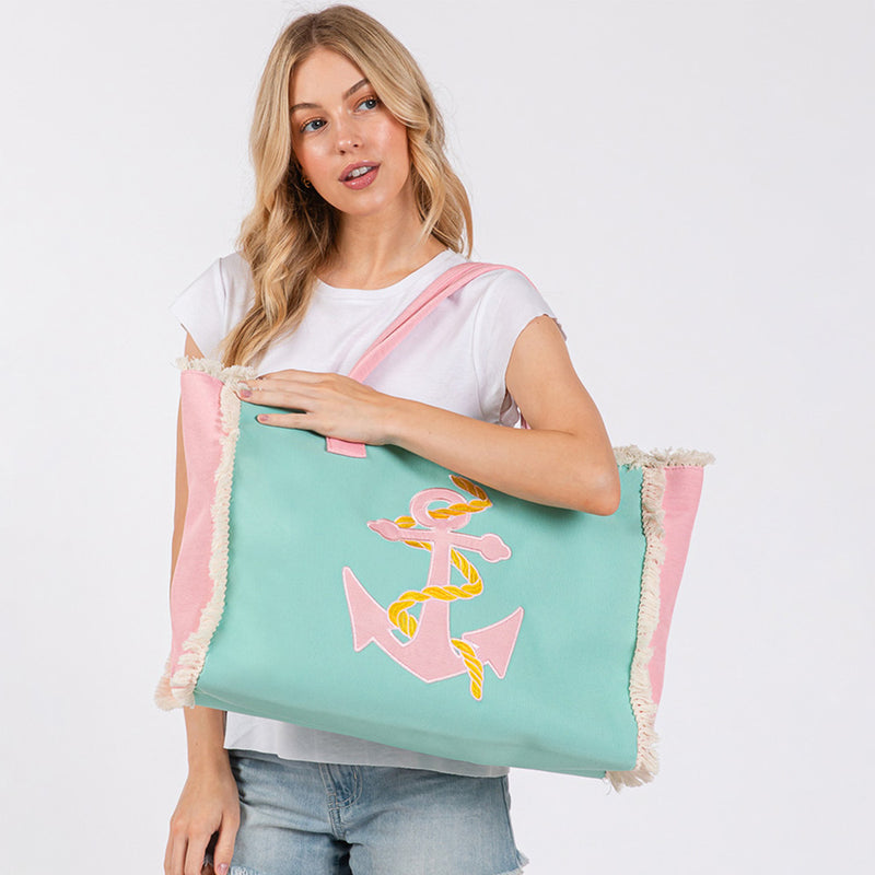 Anchor Patch Embroidered Fringe Tote Bag/Beach Bag