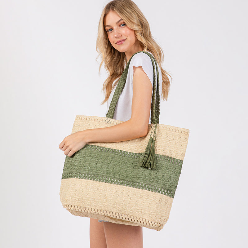 Two Tone Color Block Woven Tassel Straw Tote Bag