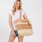 Two Tone Color Block Woven Tassel Straw Tote Bag