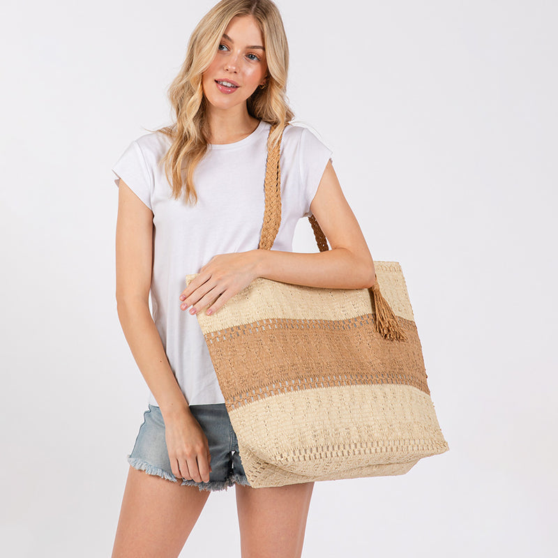Two Tone Color Block Woven Tassel Straw Tote Bag