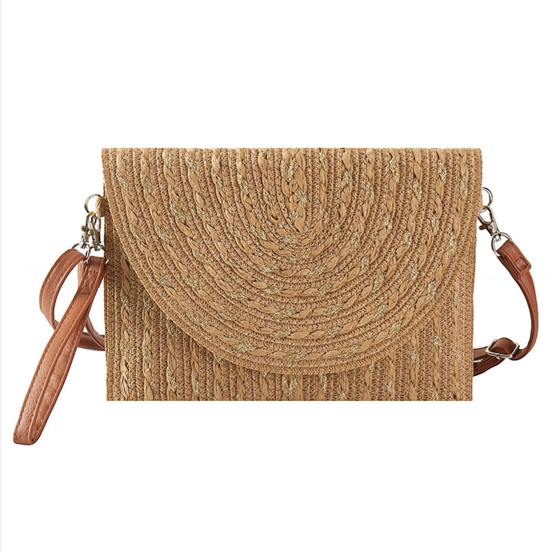Gold Threads Mixed Straw Clutch Crossbody Bag