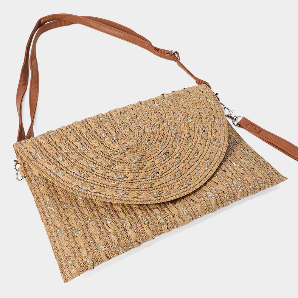Gold Threads Mixed Straw Clutch Crossbody Bag