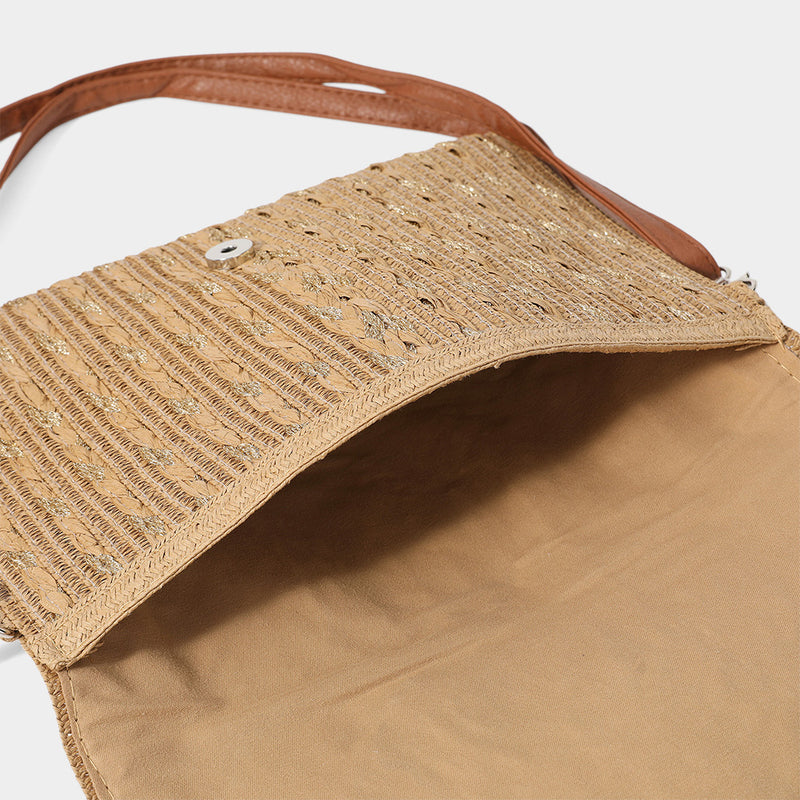 Gold Threads Mixed Straw Clutch Crossbody Bag