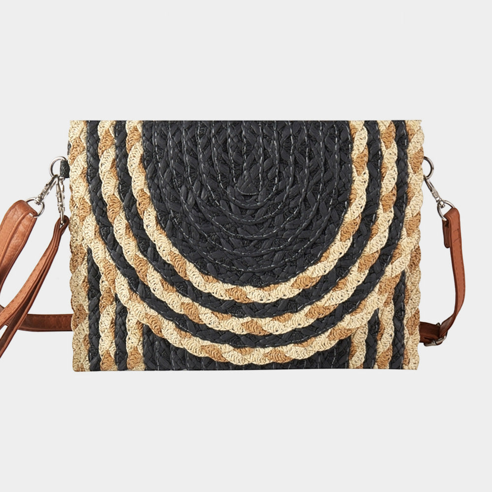 Mixed Color Detail Straw Clutch Crossbody Bag