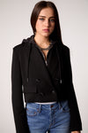 Cropped black blazer with double-breasted buttons, unique hooded lining, and a stylish fit, perfect for Long Island boutique fashion.