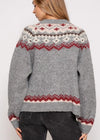 Cozy gray toggle cardigan featuring a colorful Faire Isle pattern, perfect for adding warmth and style to any Long Island boutique fashion wardrobe.