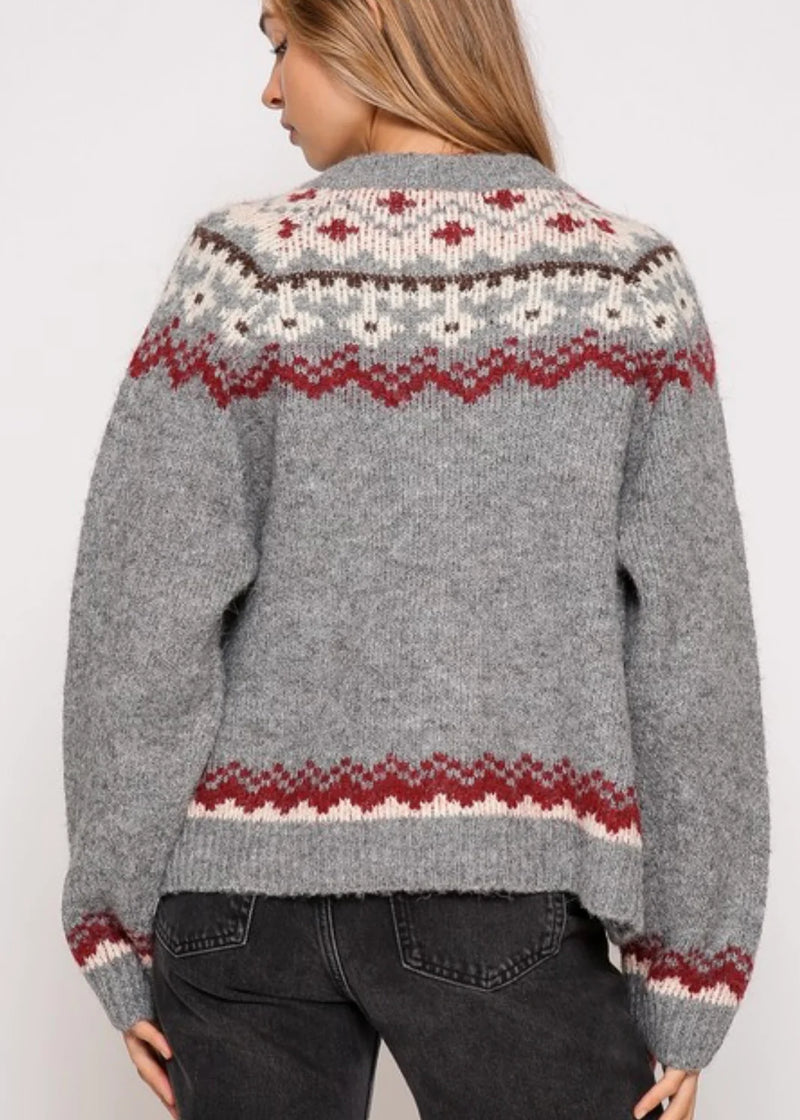 Cozy gray toggle cardigan featuring a colorful Faire Isle pattern, perfect for adding warmth and style to any Long Island boutique fashion wardrobe.