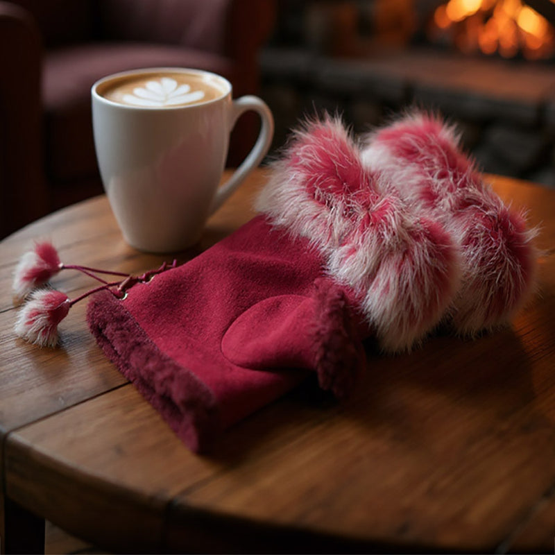 Cozy burgundy fur fingerless cuffs with playful pom-poms, perfect for chic warmth in Long Island boutique fashion.