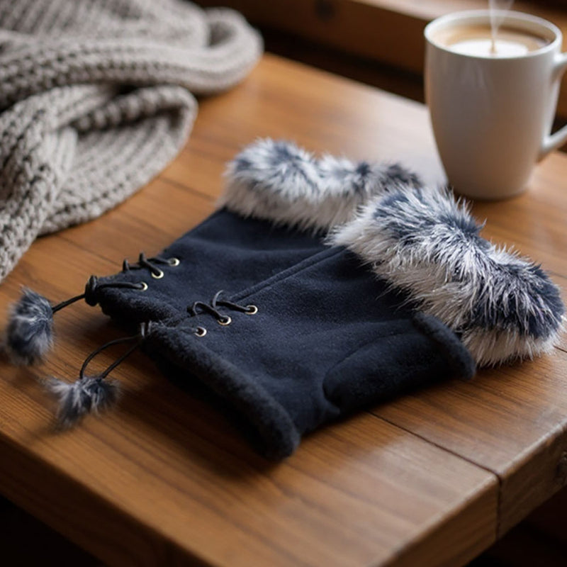 Cozy navy fur fingerless cuffs with stylish faux fur trim and lace-up details, perfect for embracing Long Island boutique fashion.
