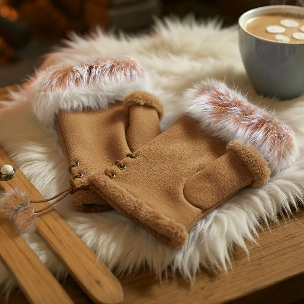 Soft tan fur fingerless cuffs with a fluffy cream trim offer cozy warmth, perfect for Long Island boutique fashion enthusiasts.