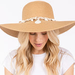 Wide Brim Straw Sun Hat with Shell and Conch Braided Band