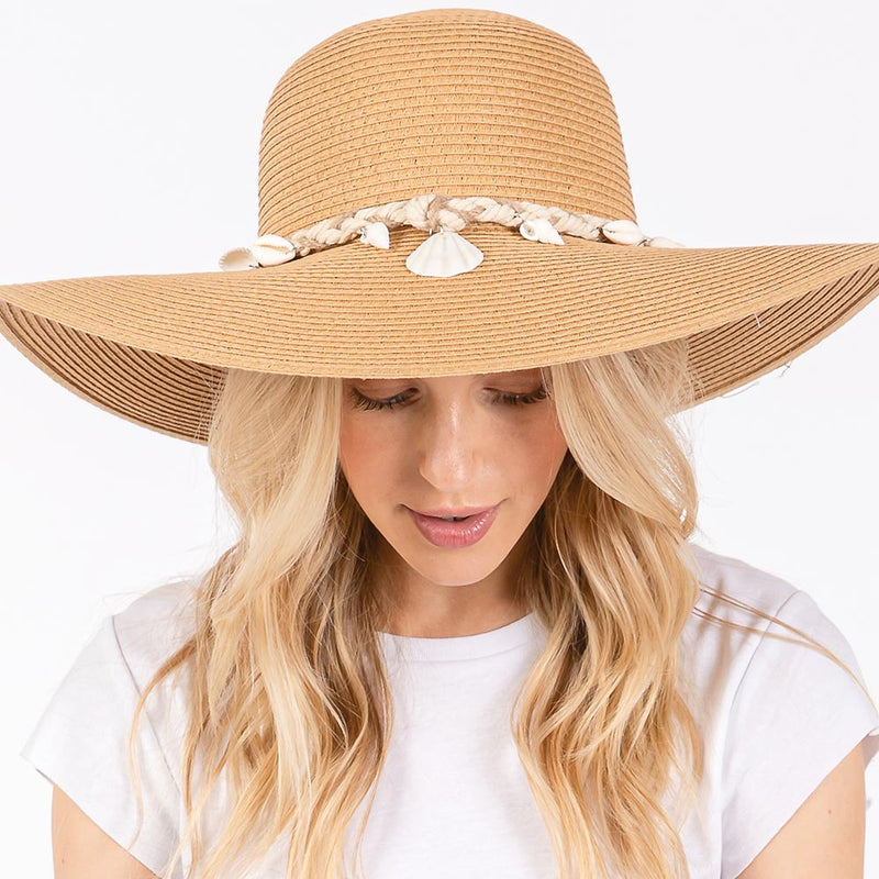 Wide Brim Straw Sun Hat with Shell and Conch Braided Band
