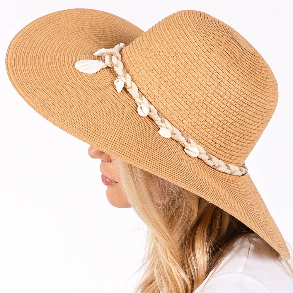Wide Brim Straw Sun Hat with Shell and Conch Braided Band