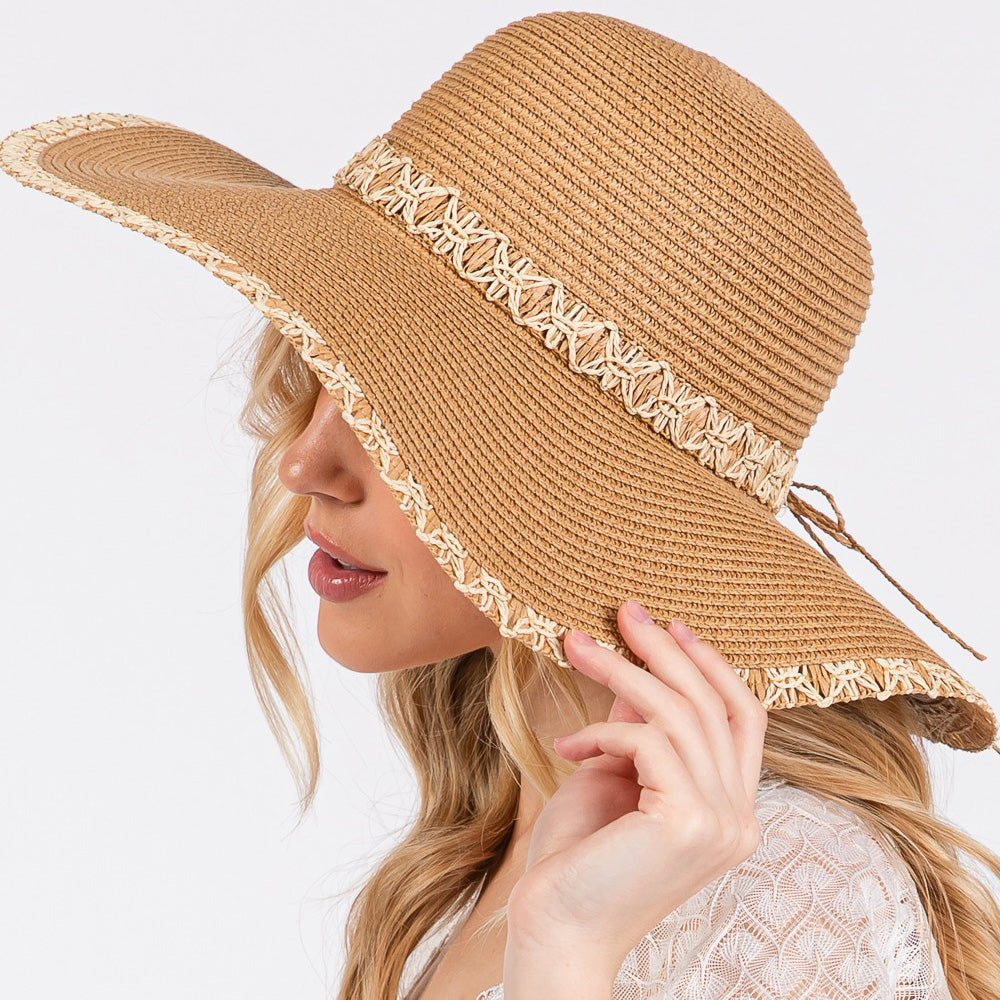 Woven Edge Band Detail Wide Brim Floppy Straw Sun Hat