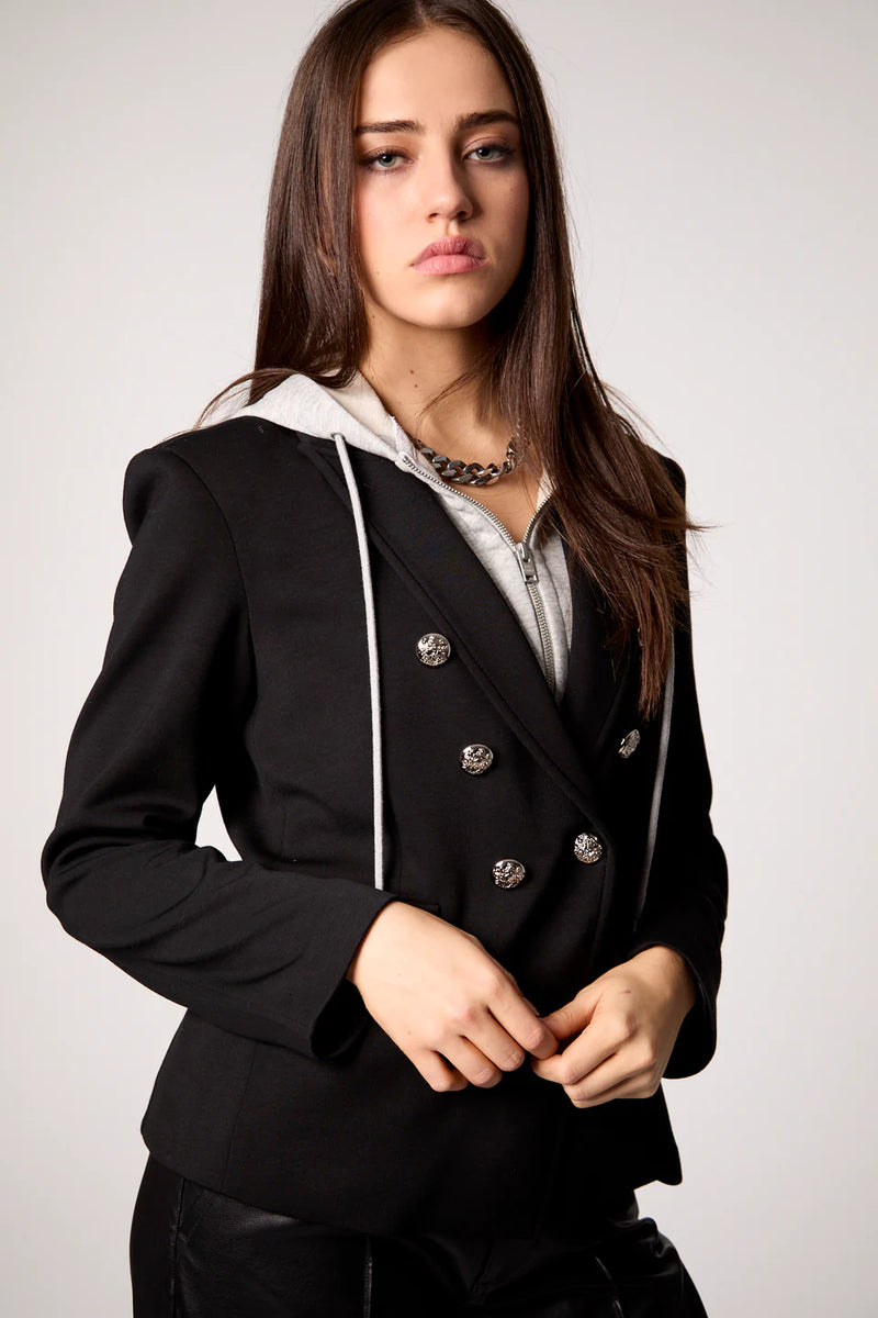 Stylish black double-breasted blazer featuring a removable grey hoodie insert, perfect for versatile Long Island boutique fashion looks.