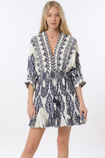 3/4 Dolman Sleeve Tie Front Waisted Printed Mini Dress