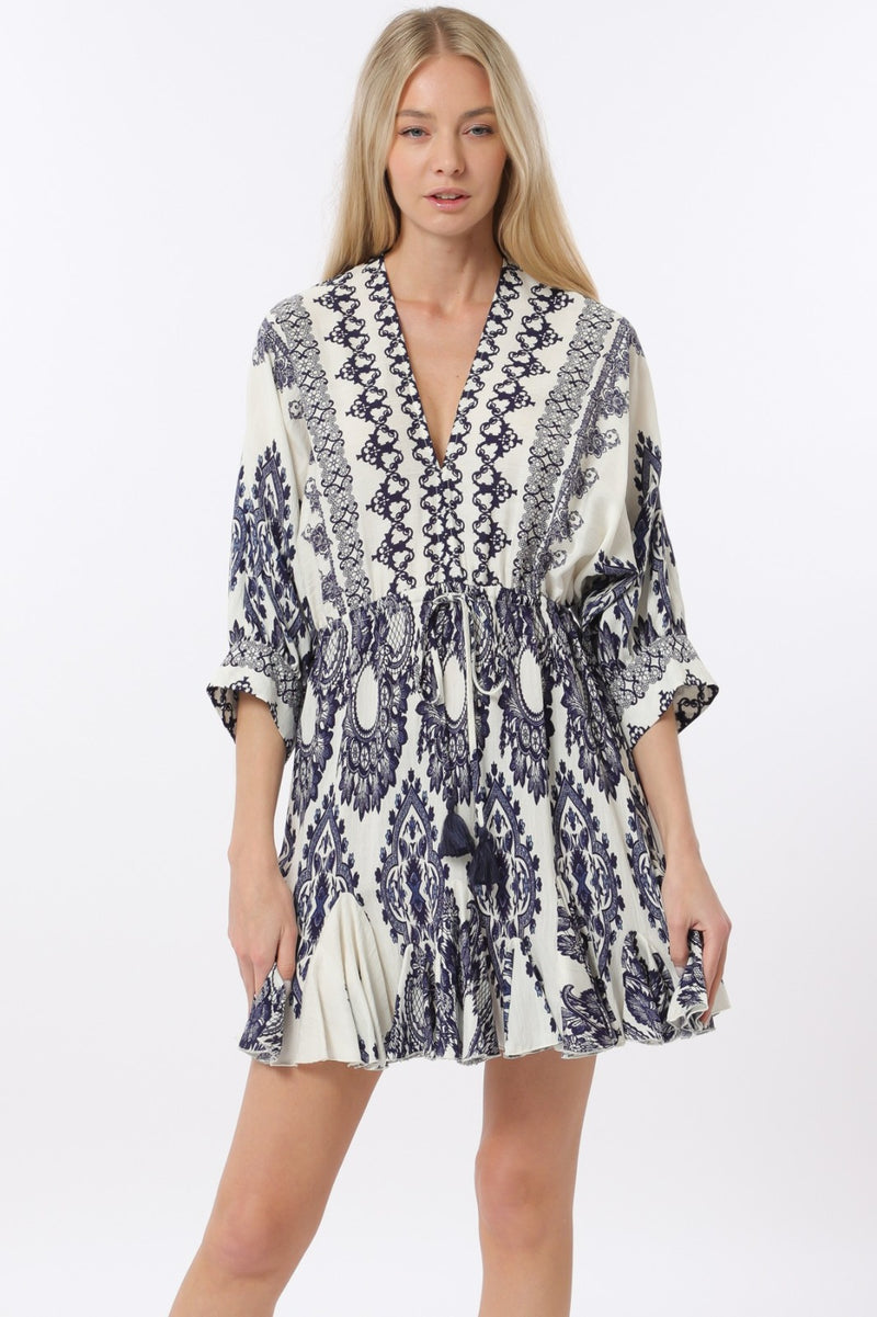 3/4 Dolman Sleeve Tie Front Waisted Printed Mini Dress
