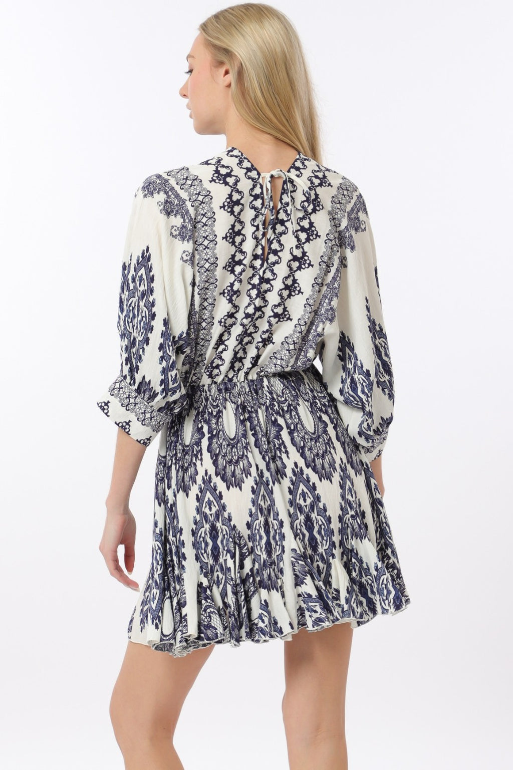 3/4 Dolman Sleeve Tie Front Waisted Printed Mini Dress
