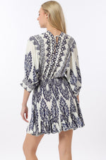 3/4 Dolman Sleeve Tie Front Waisted Printed Mini Dress