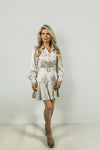 Shinny Cuff Long Sleeve Front Button Mini Dress w Belt